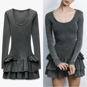 Zara NWT gray long sleeve mini dress with ruffle hem